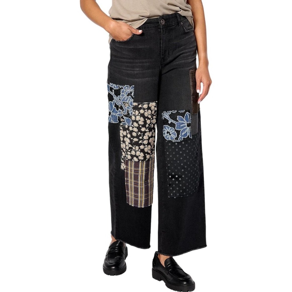 LOGO by Lori Goldstein Patchwork Wide Leg Cropped Jeans Raw Hem Black Women's 14